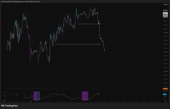 A TradingView Bitcoin/USD chart dated August 10, 2026, showing a sharp price drop with white horizontal arrows marking key resistance/support levels on the candlestick pattern.