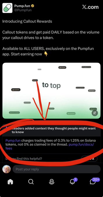 A tweet from @Pumpfun introducing 'Callout Rewards' with a red circle highlighting context about Pump.fun charging trading fees of 0.3% to 1.25% on Solana tokens.