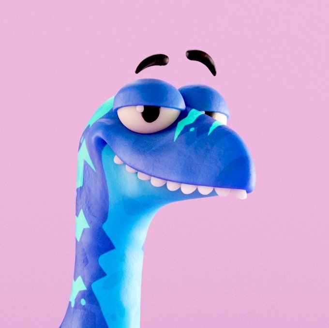 A blue Claynosaurz raptor character with sleepy half-closed eyes and a toothy grin is displayed against a pink background, representing the NFT project mentioned in the post as it approaches 200 SOL in value with a tag to Amazon.