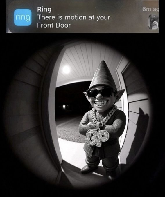 A Ring doorbell camera notification showing 'There is motion at your Front Door' with a humorous black and white image of a gnome-like elf wearing sunglasses, gold chains, and a large 'GP' diamond pendant.
