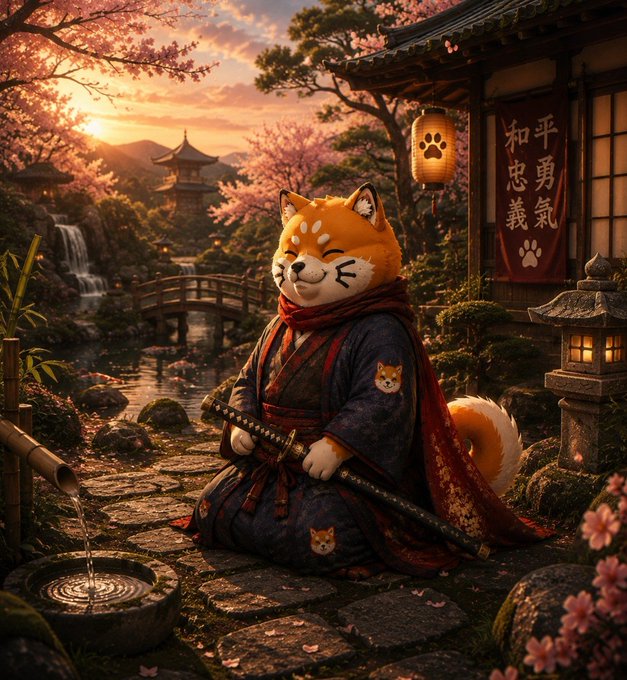 A Shiba Inu dressed as a samurai meditates peacefully in a traditional Japanese garden, with a red banner displaying Chinese characters "和平" (peace), "忠義" (loyalty), "勇氣" (courage) alongside paw prints, fittingly embodying the noble warrior spirit of the $SHIBCAT meme coin.
