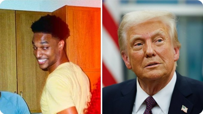 The image displays a split screen featuring a man in a yellow shirt on the left and Donald Trump in a suit on the right, visually representing the post's announcement that $ANSEM has flipped $TRUMP in market cap.
