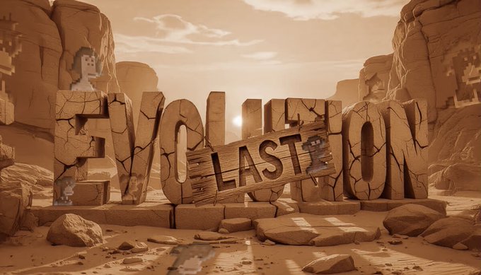 A 3D-rendered voxel/minecraft-style desert scene with cracked stone letters spelling 'EVOLUTION' and a wooden plank overlay reading 'LAST', featuring pixelated character figures and a dramatic sunset.