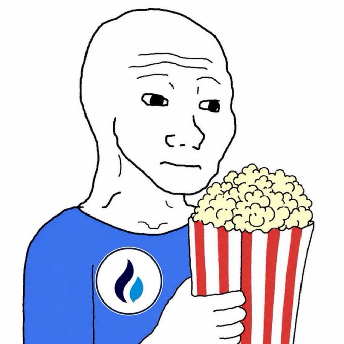 A Wojak meme character wearing a blue shirt with a Sui logo holding a bucket of popcorn.