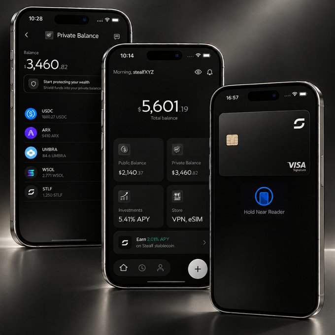 Three smartphones displaying a dark-themed crypto wallet app, showing balances, 'Private Balance' screens with USDC, ARX, UMBRA, WSOL, STLF, and a Visa Signature card interface.