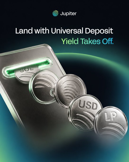 A Jupiter cryptocurrency promotional image titled 'Land with Universal Deposit - Yield Takes Off' showing metallic coins labeled SOL, USD, and LP emerging from a device against a green glowing background.