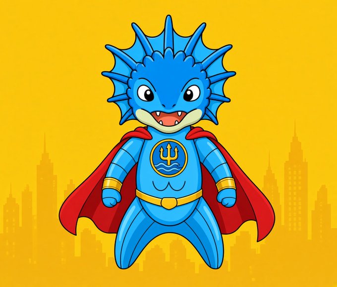 A cartoon illustration of a chibi-style blue seahorse superhero with a red cape, wearing a chest emblem featuring a trident and waves, set against a yellow city skyline.