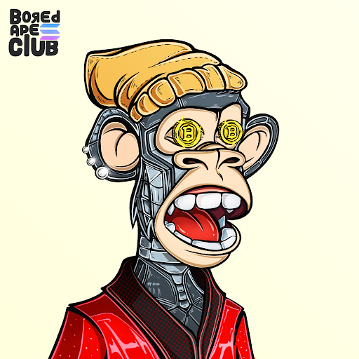 A cartoon illustration of a Bored Ape character from 'Bored Ape Club' wearing a yellow beanie, a red jacket, and gold Bitcoin (₿) coin eyes, with an open-mouthed surprised expression.