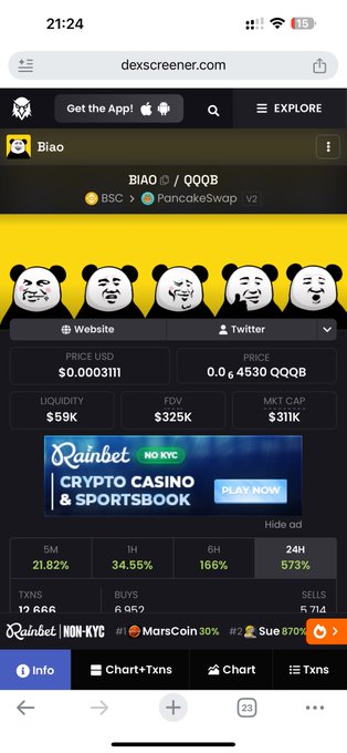A mobile screenshot of dex screener showing the BIAO token ($BIAO / QQQB) on BSC via PancakeSwap v2, with a price of $0.0003111, FDV of $325K, and market cap of $311K.