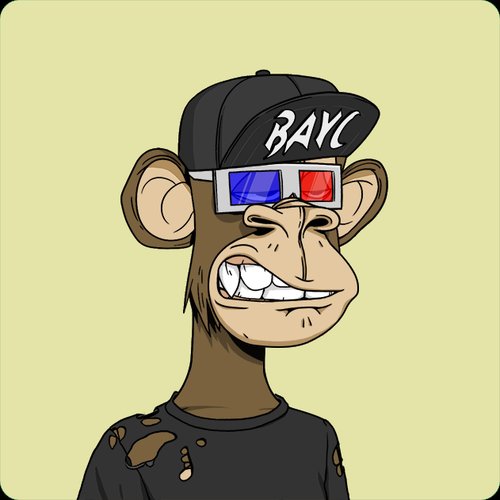 A cartoon illustration of a Bored Ape-style monkey character wearing a black "BAYC" cap and 3D glasses on a yellow background.