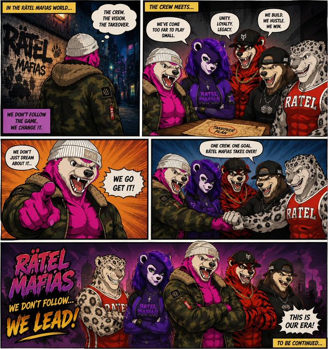 A comic-style image titled "RATEL MAFIAS" featuring anthropomorphic rat characters forming a crew, with text including "WE DON'T FOLLOW THE GAME. WE CHANGE IT" and "WE DON'T FOLLOW.. WE LEAD!".
