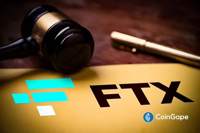 The image shows a gavel and pen resting on a surface featuring the FTX logo alongside the CoinGape watermark. The legal symbolism (gavel) visually reinforces the context of FTX's $900M creditor repayment under its Chapter 11 reorganization plan.