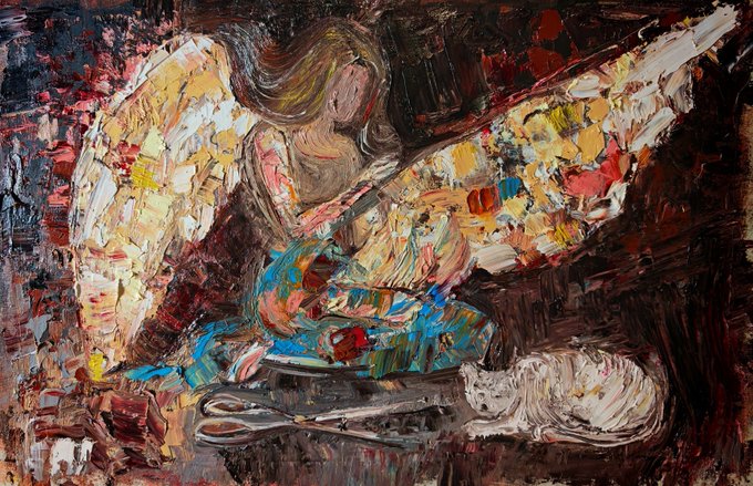 An expressionist oil painting depicting an angel figure with large colorful wings, rendered in thick impasto brushstrokes with a dark background.