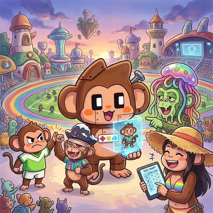 A vibrant cartoon scene featuring a large monkey-headed robot, smaller monkey characters, and a smiling woman holding a 'Size Chart' tablet in a colorful fantasy stadium setting.
