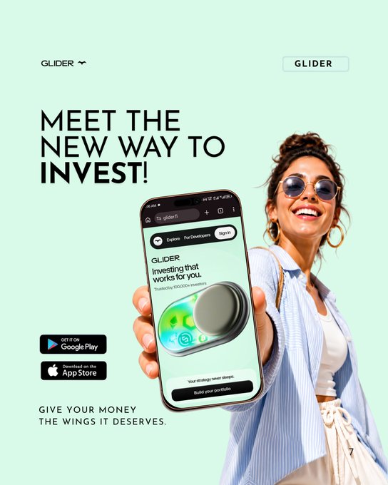 An advertisement for the GLIDER investing app on Google Play and the App Store, featuring a smiling woman holding a phone, with the tagline 'GIVE YOUR MONEY THE WINGS IT DESERVES.'
