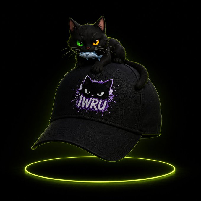 A black baseball cap featuring a purple 'IWRU' cat logo design, with an illustrated black cat holding a fish perched on top, set against a dark background with a neon green circle.