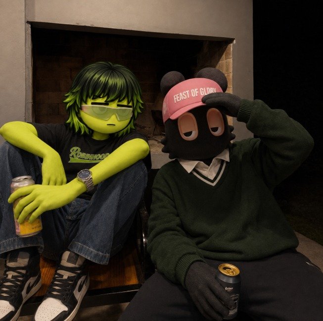 Two figures sit together near a fireplace; one has green skin and wears a 'Robinsons' t-shirt, while the other wears a black knit mask with pink eyes and a 'Feast of Glory' cap, both holding beverages.