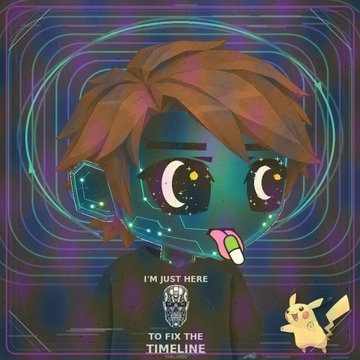 A digital artwork of a cute anime-style character with brown hair and large eyes in a cyberpunk helmet, accompanied by Pikachu, with text reading "I'M JUST HERE TO FIX THE TIMELINE."