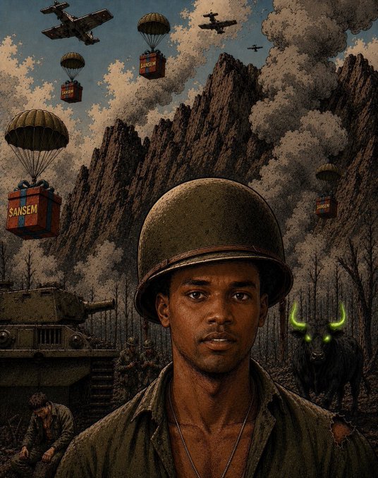 A stylized illustration shows a soldier in a helmet standing before a mountainous battlefield scene with a tank, paratroopers dropping 'SANSEM' supply crates, and a black bull with glowing green horns.