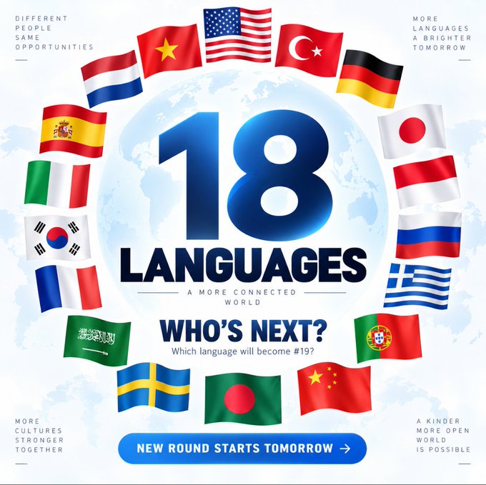 A promotional graphic featuring the text '18 LANGUAGES' and 'WHO'S NEXT? Which language will become #19?' surrounded by 18 different country flags arranged in a circle around a globe, with corner text including 'DIFFERENT PEOPLE SAME OPPORTUNITIES' and 'NEW ROUND STARTS TOMORROW'.