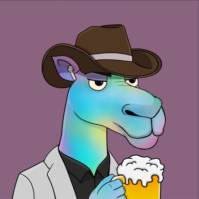 A digital illustration of a blue iridescent llama wearing a brown cowboy hat and white blazer, holding a foaming mug of beer with a relaxed expression against a purple background.