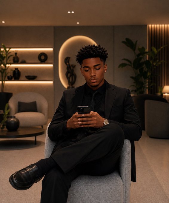 A young man in a sleek black suit sits relaxed in a modern, warmly lit lounge, focused on his phone as he kicks off the new week. The stylish setting complements the "happy new week" greeting, projecting a cool, confident "GM" vibe.