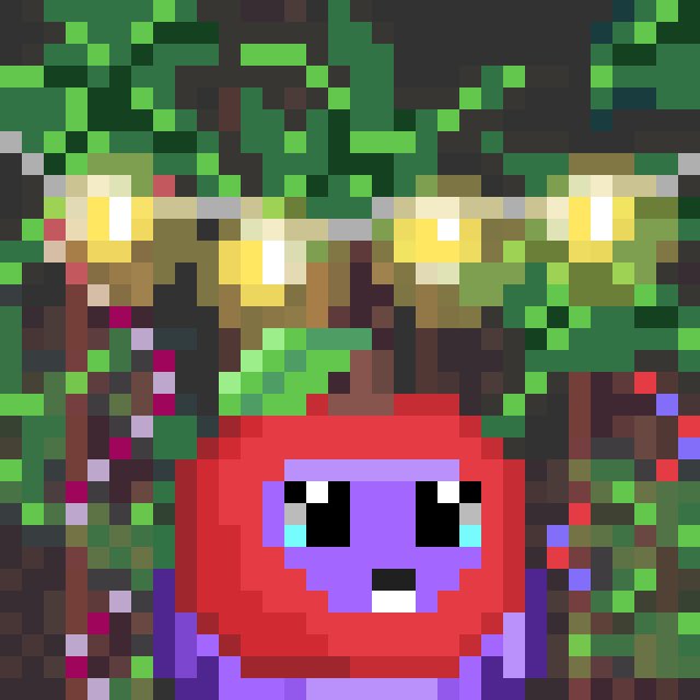 A pixel art image showing a purple character with a sad face wearing a red hood or hat, set against a green forest background with yellow lights.