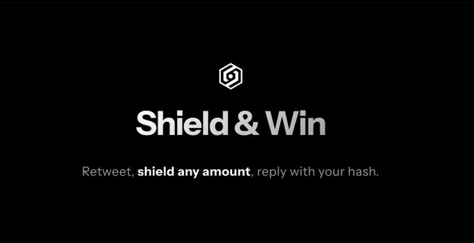 A black promotional graphic featuring a hexagonal logo and the bold white text "Shield & Win" with instructions reading "Retweet, shield any amount, reply with your hash," encouraging users to participate in a giveaway of 5,000 $ORB Credits by testing the platform's shielded pool feature.
