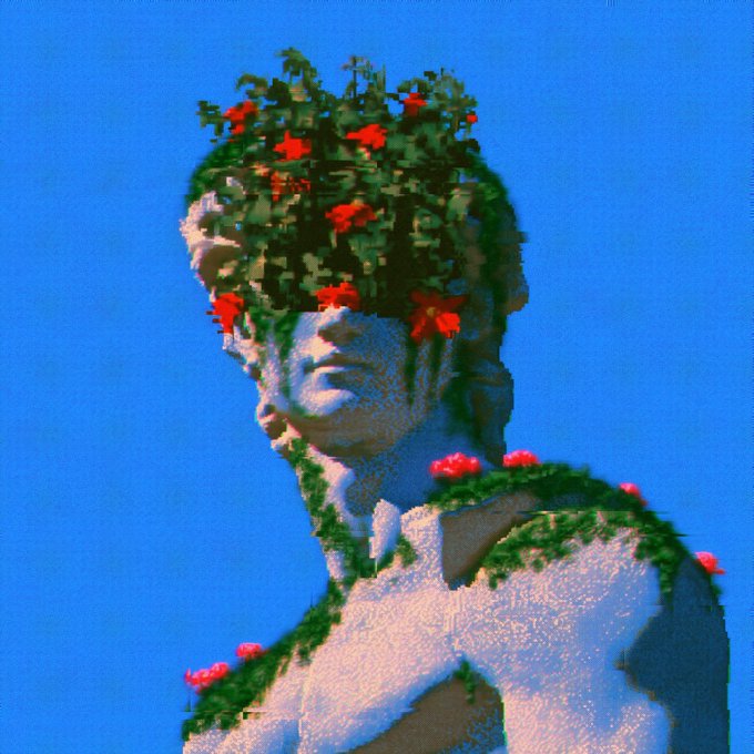 A stylized digital artwork of a classical statue, featuring pixelated glitch effects on the head with red flowers and green vines growing across the figure against a blue sky background.