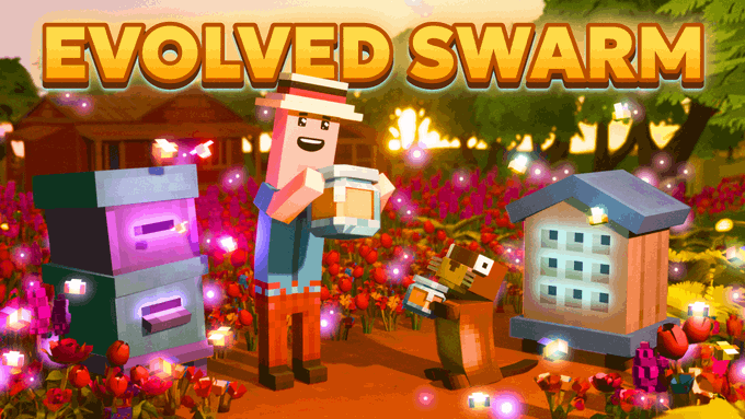 The promotional image for "Evolved Swarm" features a Minecraft-style character wearing a beekeeper hat and holding a frame, standing alongside a small bee character in a vibrant flower field with beehives. The bold yellow "EVOLVED SWARM" title appears at the top, visually representing the game's bee evolution theme tied to the Progression Event announcement for Epic Royal Bees.