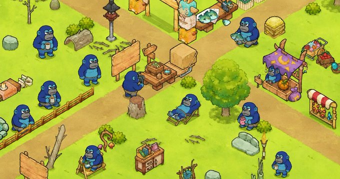 A vibrant, cartoon-style scene from Axie Infinity depicts a bustling village populated by blue, axolotl-like creatures (Axies) engaging in various activities like selling fish, lounging in chairs, and tending to market stalls. The whimsical, isometric artwork ties into the post's enthusiastic message celebrating the Axie Infinity team's ongoing development efforts, particularly anticipation for "Ronkerium"—a humorous mashup of Ronin and Axie Infinity's creature-filled metaverse.