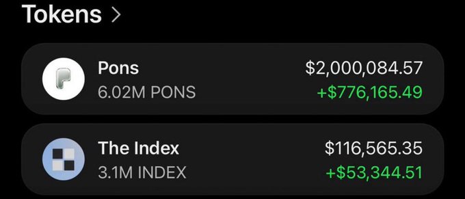 A dark-themed crypto portfolio showing token balances: 6.02M PONS valued at $2,000,084.57 (+$776,165.49) and 3.1M INDEX valued at $116,565.35 (+$53,344.51).