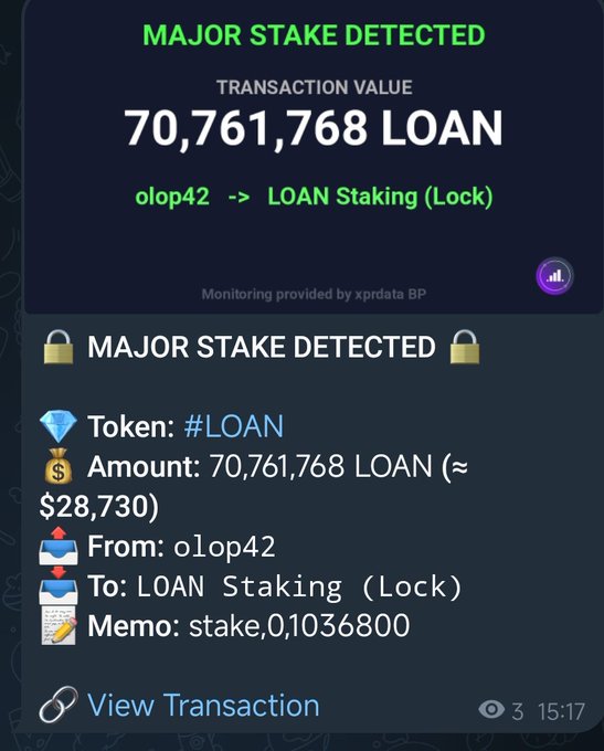 The image shows a computer screen displaying an error message about a major stake detected during a transaction, related to a Loan. It reads "Major stakes detected by Whale Watcher transaction: 70,761,768 $LOAN STAKED. Approx. value: $28,730 Catch every major move live with XPRDATA Whale Watcher". This is an important detail that highlights the importance of monitoring transactions for potential issues and ensuring secure financial transactions.