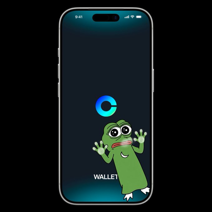 A smartphone displays the Coinbase Wallet app login page with a Pepe the Frog meme overlay, humorously depicting the frog with wide eyes and raised hands as if mistakenly summoned to "smolting."