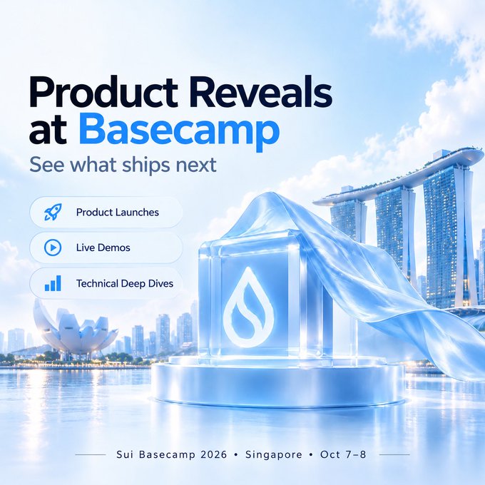 An advertisement for Sui Basecamp features the text 'Product Reveals at Basecamp, See what ships next', 'Product Launches, Live Demos, Technical Deep Dives', and 'Sui Basecamp 2026 • Singapore • Oct 7–8' over an image of a wrapped gift box.