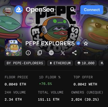 OpenSea listing for the "PEPE EXPLORERS" NFT collection by PEPE-EXPLORERS on Ethereum, featuring a floor price of 0.0049 ETH (+76.5%) and 24h volume of 2.34 ETH, highlighting the artwork's growing recognition among collectors.