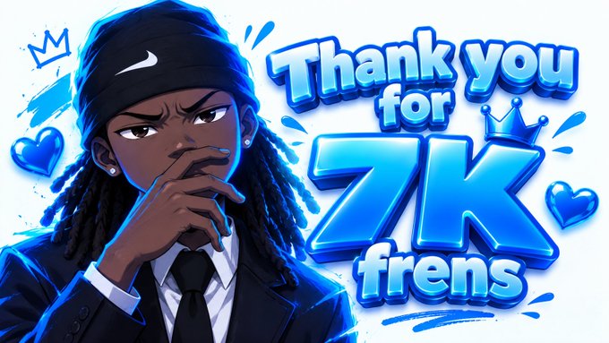 An animated character wearing a Nike headband and suit appears alongside the bold blue text "Thank you for 7k frens," celebrating the milestone of reaching 7,000 followers mentioned in the post.
