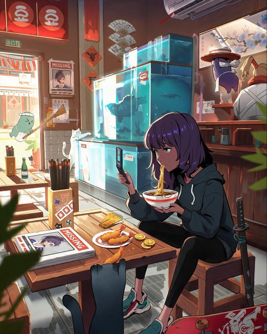 An anime-style illustration shows a purple-haired girl in a hoodie eating ramen noodles while looking at her phone in a cozy Asian restaurant with cat-themed decorations and 'MISSING' posters on the wall.