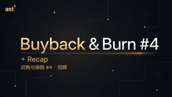 A sleek promotional graphic featuring the "ast+" logo in the top-left corner, with gold and white text on a dark, star-speckled background announcing "Buyback & Burn #4" alongside "+ Recap" and its Chinese translation "回购与销毁 #4 · 回顾." The polished design visually reinforces the announcement of the project's fourth successful token buyback and burn milestone.