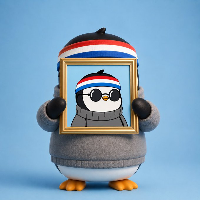 The image features a cute little penguin figurine wearing a sweater, glasses, and a red, white, and blue striped headband. The penguin is holding up a picture of itself with a gold frame against a blue background. The caption below the image reads "This Big is squeaky clean, handsome, and looks great as a PFP! Swing by Pudgy Discord, say hi, post !" and it also mentions an upcoming Inner Igloo meeting on Sunday at 11 AM EST.