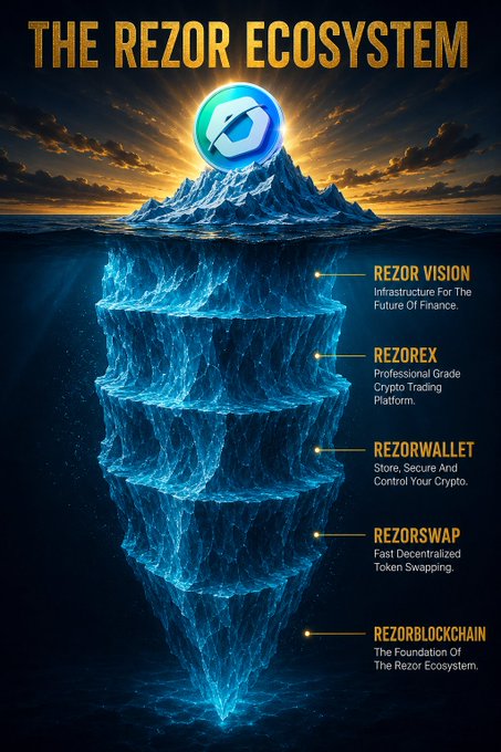 An infographic titled 'THE REZOR ECOSYSTEM' depicting an iceberg, outlining its components: 'REZOR VISION' (Infrastructure For The Future Of Finance), 'REZOREX' (Professional Grade Crypto Trading Platform), 'REZORWALLET', 'REZORSWAP', and 'REZORBLOCKCHAIN'.
