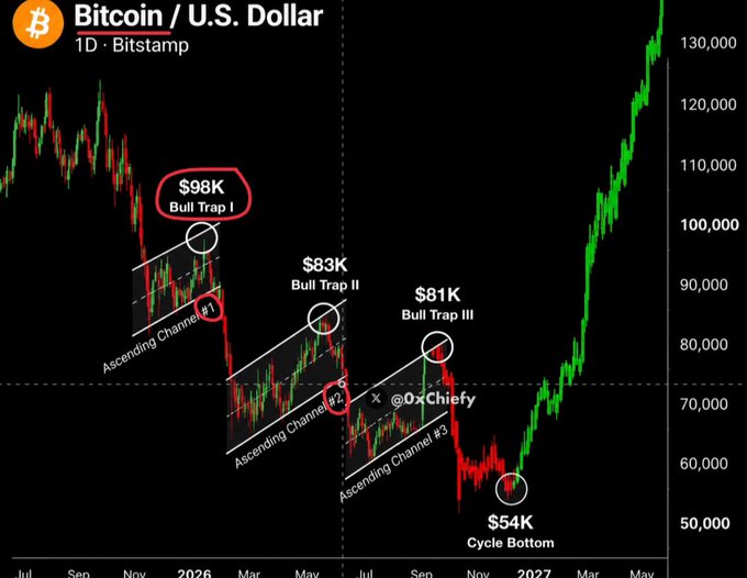 A Bitcoin/USD daily chart from Bitstamp showing three successive ascending channels (#1, #2, #3) ending in bull traps at $98K, $83K, and $81K before reaching a cycle bottom at $54K, followed by a sharp rally to roughly $130K+. The chart illustrates the post's thesis of a brutal shakeout sequence, with the circled lows at $77K → $69K → $62K → $55K mapping to the descending channel breakdowns before the explosive reversal.