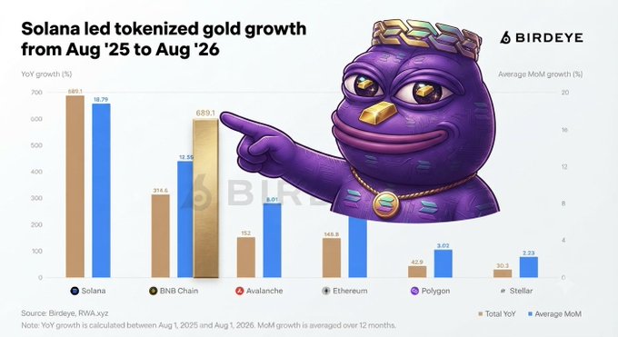 A bar chart titled 'Solana led tokenized gold growth from Aug '25 to Aug '26' by Birdeye, with the crowned purple Pepe character pointing at the Solana bar showing 689.1 total YoY growth.