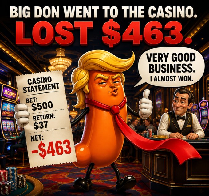 A cartoon-style meme featuring an anthropomorphic sausage character styled after Donald Trump at a casino, holding a statement showing a net loss of $463 with a speech bubble saying 'VERY GOOD BUSINESS. I ALMOST WON.'