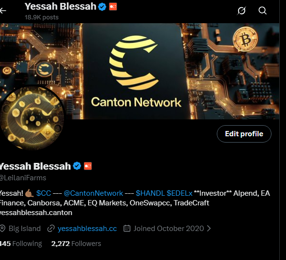 The image shows a Twitter post about a company called Canton Network. The post has been edited to include a profile picture of a circuit board featuring a Bitcoin symbol. The post also includes a link to the company's website, which can be accessed by clicking on the "Editing Profile" button in the top right corner of the image.