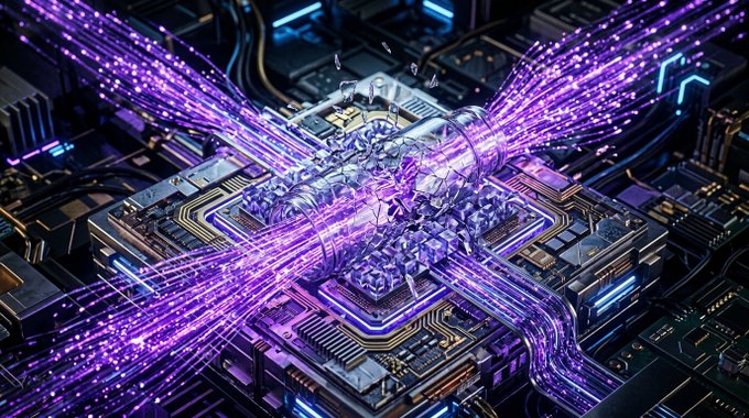 A 3D rendered futuristic computer chip with glowing purple data streams flowing across a complex circuit board.
