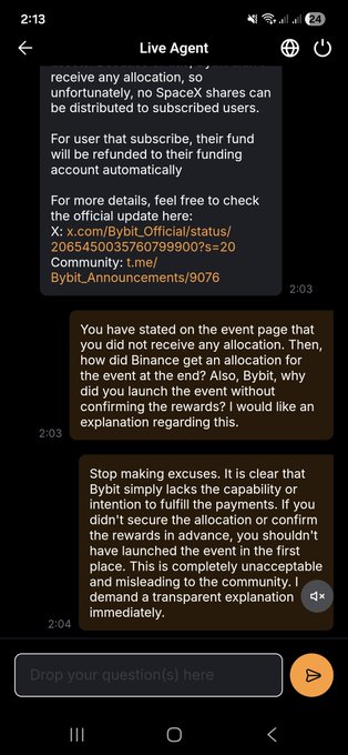 The image shows a screenshot of an email message from someone named @BybitOfficial, addressed to multiple recipients. The text reads: "Crucial question to the crypto community & @Bybit official Bybit launched the SpaceX IPO before anyone else but now they claim no allocation&refund their users! Meanwhile, @binance launched it later faced the same issues, but still PAID their users!". The screenshot shows a chat window where several people are discussing this situation. This scenario highlights how some companies may take advantage of users' lack of knowledge or understanding about certain events related to cryptocurrency and ICOs ( Initial Coin Offerings).