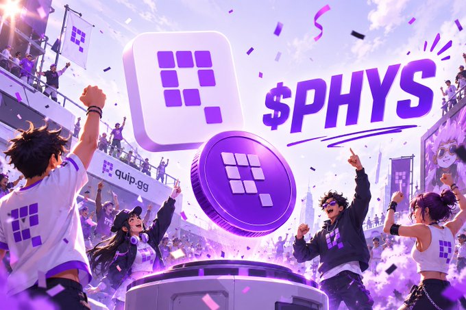 A promotional graphic for '$PHYS' token featuring a purple logo, an illustrated crowd of cheering people in purple apparel, and 'quip.gg' branding.