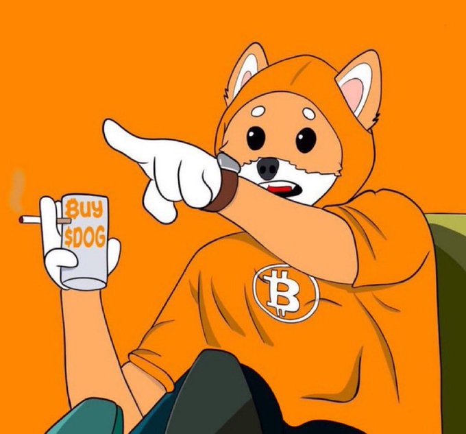 A cartoon illustration of a Shiba Inu dog wearing an orange Bitcoin hoodie, pointing at a cup that reads 'BUY $DOG' with a cigarette resting in it.