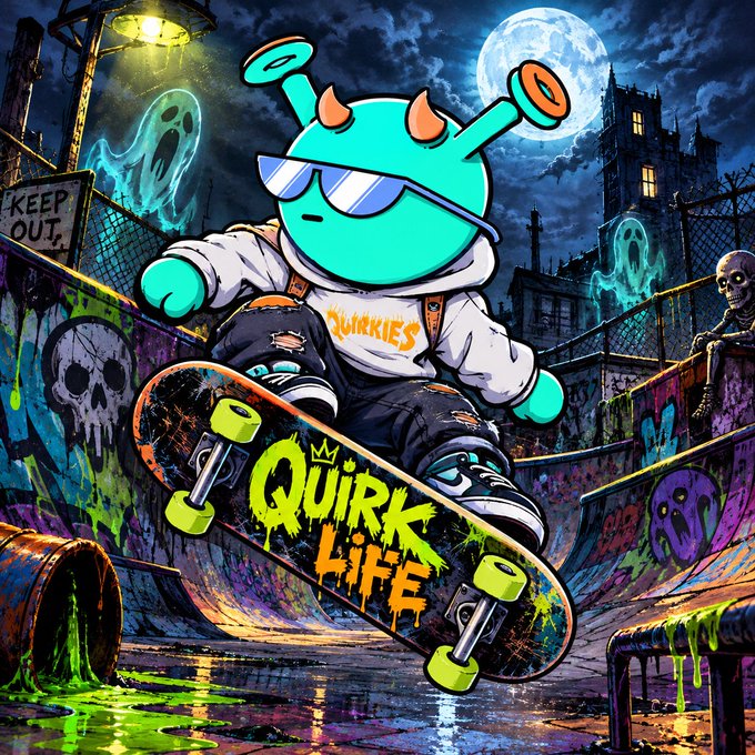 A vibrant digital illustration of a teal, horned character wearing sunglasses and a 'QUIRKIES' hoodie performing a skateboard trick on a graffiti-covered ramp in a spooky, moonlit skate park, with the text 'QUIRK LiFE' on the skateboard.
